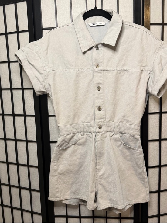 Zara Pants - ZARA Silver Glittery Short Sleeve Denim Romper Size M